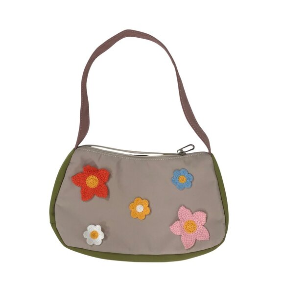 Vintage 90s Style Floral Crochet Embroidered Cottagecore Handbag Zipper Closure - Picture 3 of 6